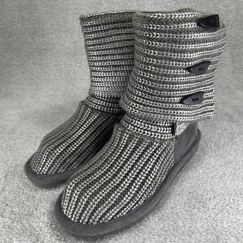 Bearpaw Boots Women 7 Gray Knit Tall Toggle Button Suede Trim Sparkle